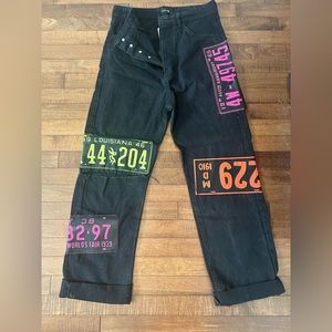 Kikiriki Black Jeans W/ Multicolor License Plate Patches Brand New Size Small